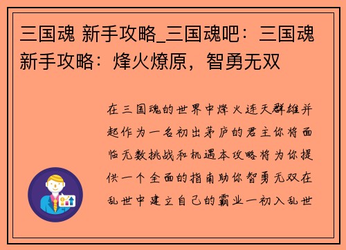 三国魂 新手攻略_三国魂吧：三国魂新手攻略：烽火燎原，智勇无双