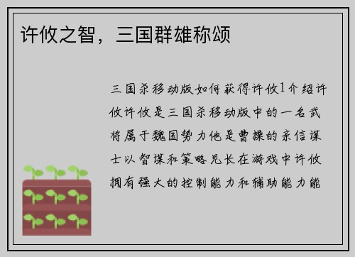 许攸之智，三国群雄称颂